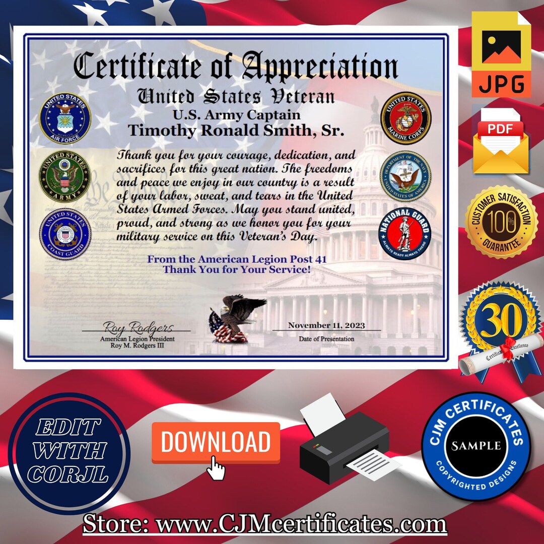 30 All Services Veteran Appreciation certificates Pack S2 - Etsy