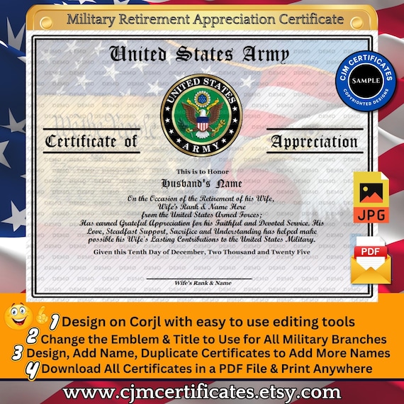 Military Retirement Husband Appreciation 031-Customize with CORJL-Use for Any Branch-PDF/JPGs