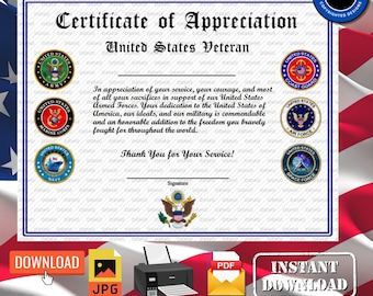 May include: A certificate of appreciation for a United States veteran, featuring the seals of the Army, Marine Corps, Navy, Coast Guard, Air Force, and Space Force. The certificate has a red, white, and blue background with the text "Certificate of Appreciation" and "United States Veteran".