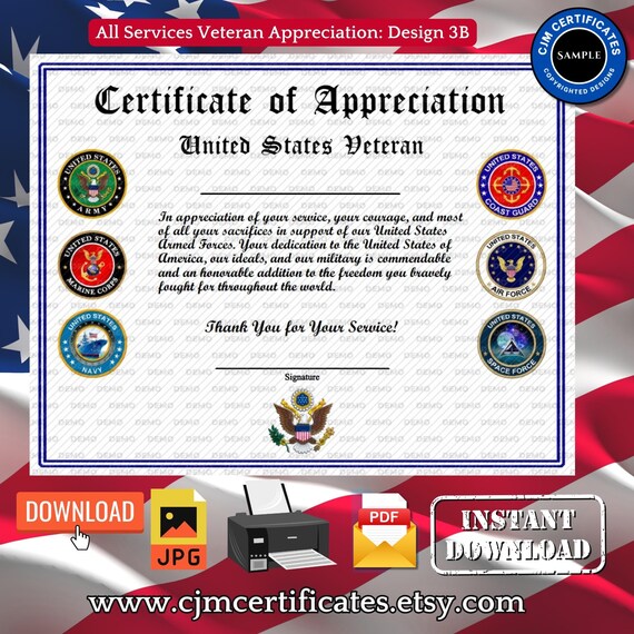 All Services Veteran Certificates 3B-Veteran Events-Instant Download-Unlimited Prints-JPG and PDF Download