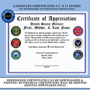 Peut inclure: Un certificat d'appr&eacute;ciation au format paysage de 21,6 par 27,9 cm pour un membre de l'arm&eacute;e am&eacute;ricaine. Il pr&eacute;sente du texte noir, une bordure bleue et six sceaux de branches militaires : Arm&eacute;e, Marine, Marine nationale, Garde c&ocirc;ti&egrave;re, Arm&eacute;e de l'air et Force spatiale.