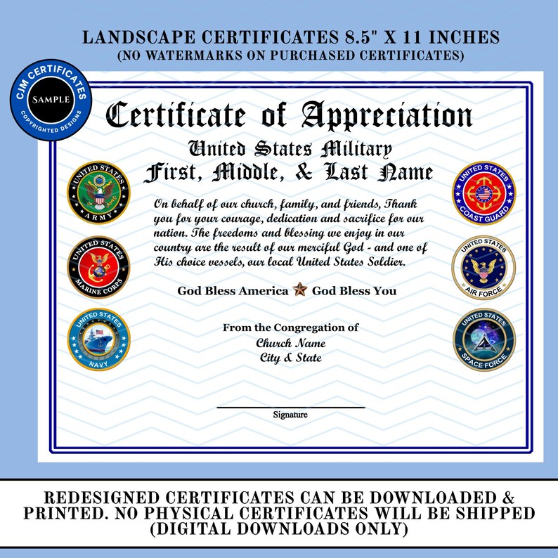 Peut inclure: Un certificat d'appr&eacute;ciation au format paysage de 21,6 par 27,9 cm pour un membre de l'arm&eacute;e am&eacute;ricaine. Il pr&eacute;sente du texte noir, une bordure bleue et six sceaux de branches militaires : Arm&eacute;e, Marine, Marine nationale, Garde c&ocirc;ti&egrave;re, Arm&eacute;e de l'air et Force spatiale.