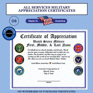 Peut inclure: Un certificat d'appr&eacute;ciation militaire blanc avec le texte 'Certificate of Appreciation' et 'United States Military'. Il comprend six sceaux de branches, un graphique 'Made In America' avec un drapeau, et des espaces pour les noms, les d&eacute;tails de l'&eacute;glise et une signature.