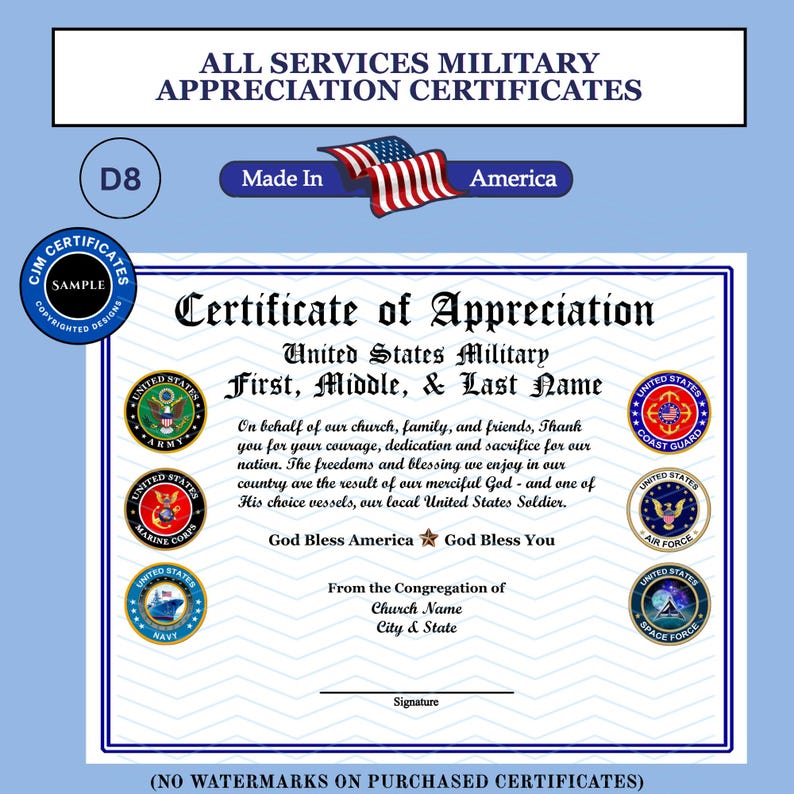 Peut inclure: Un certificat d'appr&eacute;ciation militaire blanc avec le texte 'Certificate of Appreciation' et 'United States Military'. Il comprend six sceaux de branches, un graphique 'Made In America' avec un drapeau, et des espaces pour les noms, les d&eacute;tails de l'&eacute;glise et une signature.