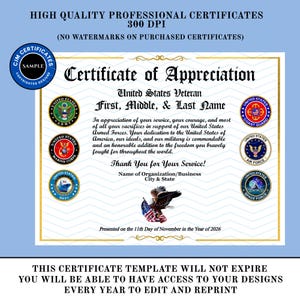 May include: A Certificate of Appreciation template for a United States Veteran featuring the seals of the Army, Marine Corps, Navy, Coast Guard, Air Force, and Space Force, with a bald eagle graphic holding an American flag and gold border.