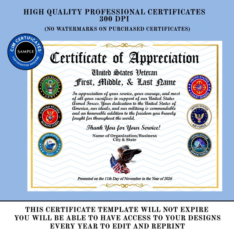 May include: A Certificate of Appreciation template for a United States Veteran featuring the seals of the Army, Marine Corps, Navy, Coast Guard, Air Force, and Space Force, with a bald eagle graphic holding an American flag and gold border.
