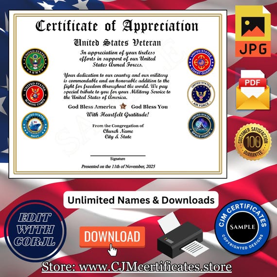 Custom Ministry Veteran Certificates for Veterans Day Gifts, Self-Design Certificates-Unlimited Names (PDF/JPG) 058