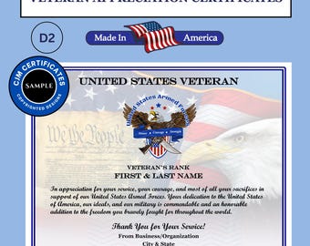 May include: A Veteran Appreciation Certificate featuring the text United States Veteran, an eagle emblem, and a background of the American flag. The document includes placeholders for rank, name, and organization, with a blue border and a sample seal.