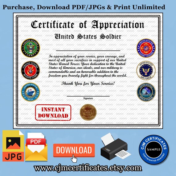 US Soldier Appreciation Certificate 3AC-Instant Download-Unlimited Prints-JPG and PDF Download