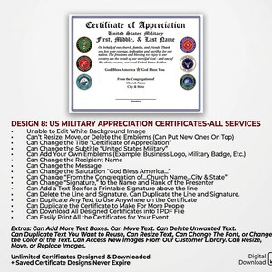 Peut inclure: Un mod&egrave;le de certificat de reconnaissance num&eacute;rique avec le texte Certificate of Appreciation, United States Military et God Bless America. Il comprend six embl&egrave;mes circulaires des branches militaires et des champs de texte modifiables.