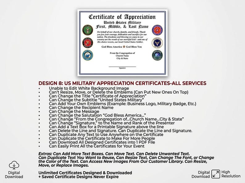 Peut inclure: Un mod&egrave;le de certificat de reconnaissance num&eacute;rique avec le texte Certificate of Appreciation, United States Military et God Bless America. Il comprend six embl&egrave;mes circulaires des branches militaires et des champs de texte modifiables.