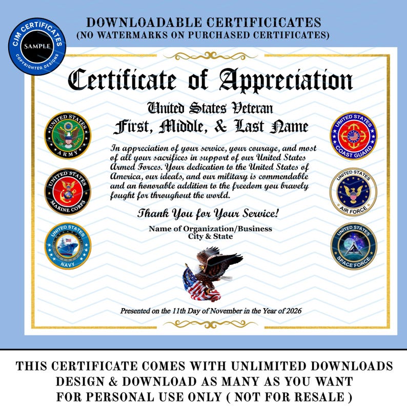 May include: A Certificate of Appreciation for a United States Veteran featuring the seals of the Army, Marine Corps, Navy, Coast Guard, Air Force, and Space Force. The document includes text, a bald eagle with an American flag, and gold borders.