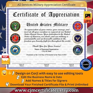 All Services Military Appreciation Certificate 009-Customize with CORJL-Unlimited Names and Downloads-PDF/JPG
