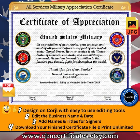 All Services Military Appreciation Certificate 009-Customize with CORJL-Unlimited Names and Downloads-PDF/JPG