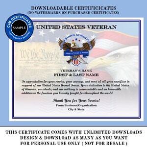 May include: A United States Veteran certificate template featuring a bald eagle, an American flag background, and the text United States Veteran, Veteran's Rank, First & Last Name, and Thank You for Your Service, with a blue border and seal.