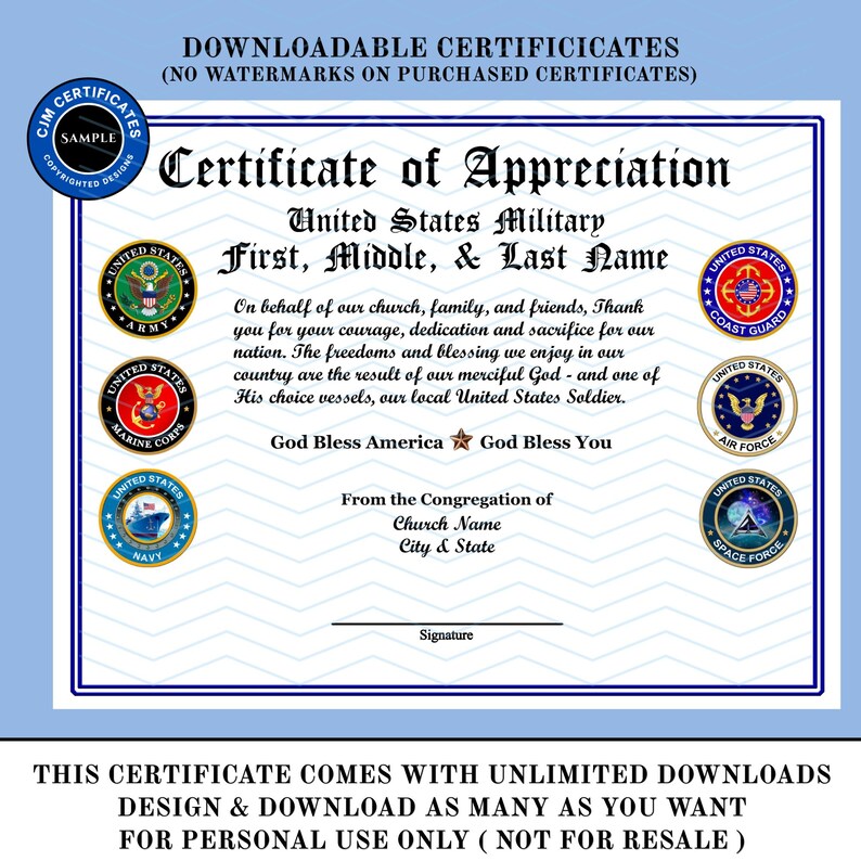 Peut inclure: Un certificat d'appr&eacute;ciation pour un membre de l'arm&eacute;e am&eacute;ricaine avec les sceaux de l'arm&eacute;e, des Marines, de la marine, des garde-c&ocirc;tes, de l'arm&eacute;e de l'air et de la force spatiale. Le texte inclut God Bless America et God Bless You.
