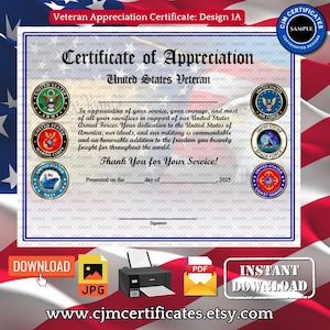 All Services Veteran Appreciation Certificate 1A-Instant Download-Unlimited Prints-JPG and PDF Download