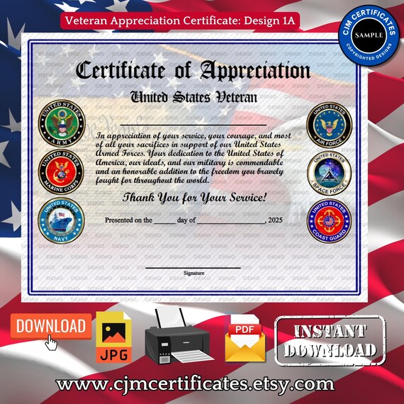 All Services Veteran Appreciation Certificate 1A-Instant Download-Unlimited Prints-JPG and PDF Download