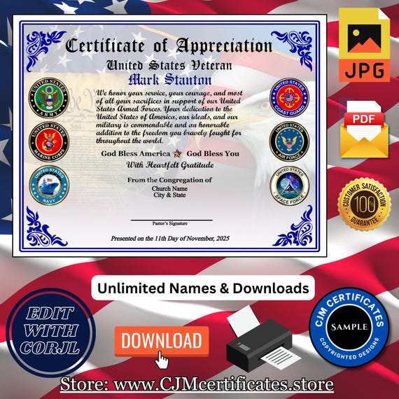 Custom Ministry Veteran Certificates for Veterans Day Gifts, Self-Design Certificates-Unlimited Names (PDF/JPG) 050