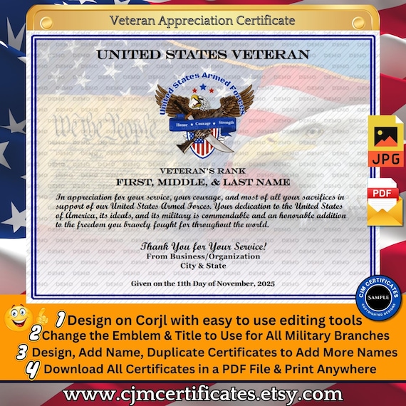 US Veteran Appreciation Certificate 017-Customize with CORJL-Unlimited Names and Downloads-PDF/JPGs