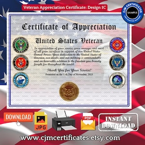 All Services Veteran Appreciation Certificate 1C-Instant Download-Unlimited Prints-JPG and PDF Download