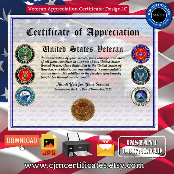 All Services Veteran Appreciation Certificate 1C-Instant Download-Unlimited Prints-JPG and PDF Download