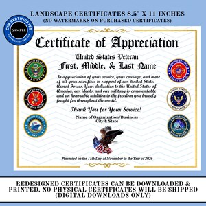 May include: A landscape-oriented 8.5 by 11 inch Certificate of Appreciation for a United States Veteran. The document features black text, a central bald eagle graphic with an American flag, and six military branch seals on the sides.