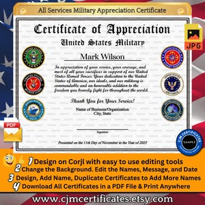All Services Military Appreciation Certificate 011-Customize with CORJL-Unlimited Names and Downloads-PDF/JPG