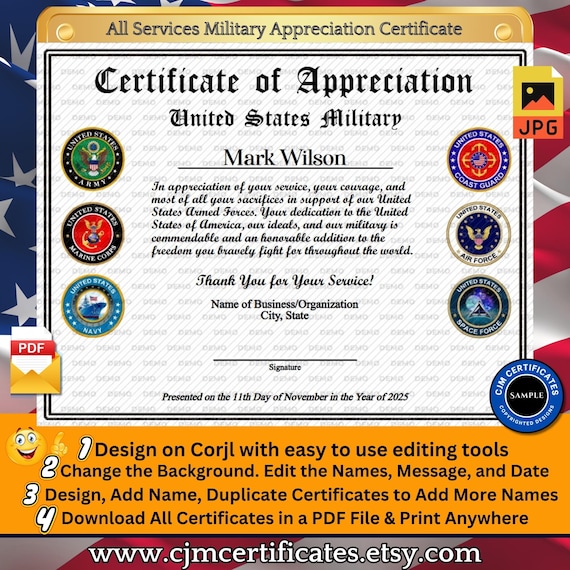All Services Military Appreciation Certificate 011-Customize with CORJL-Unlimited Names and Downloads-PDF/JPG