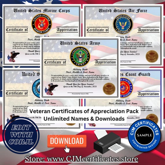 Customizable Veterans Certificates Pack for Veterans Day: All Branches-Add Names-Edit & Download (PDF/JPG)
