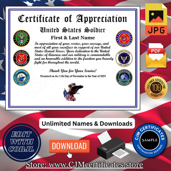 Custom Military Certificates for Veterans Day: Editable & Downloadable, Unlimited Names 061