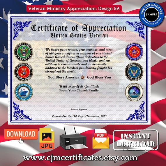 All Services Veteran Certificates 5A-Veteran's Day!-Ministry/Church Certificate-Instant Download-Unlimited Prints-JPG and PDF Download