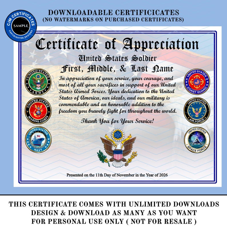 May include: A Certificate of Appreciation for a United States Soldier featuring the text First, Middle, & Last Name, military branch seals for the Army, Marine Corps, Navy, Coast Guard, Air Force, and Space Force, and a central bald eagle emblem.