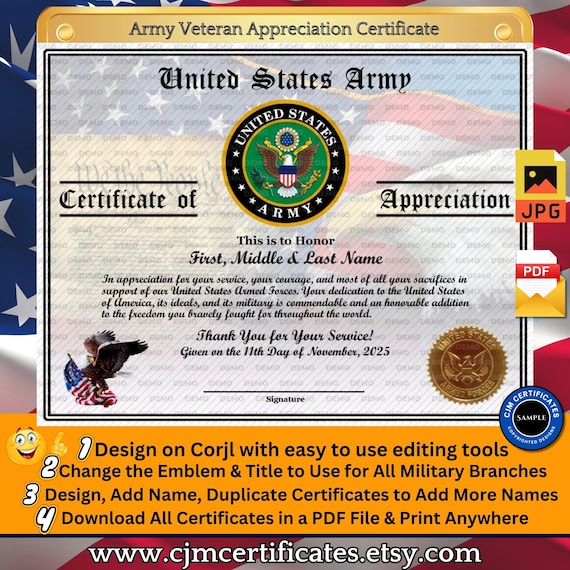 Army Military Appreciation Certificate 003-Customize with CORJL-Unlimited Names and Downloads-PDF/JPG-Design for Any Service Branch