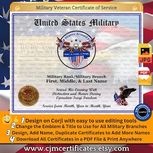 US Military Certificate of Service with Medals 019-Customize with CORJL-Use for Any Branch-PDF/JPGs
