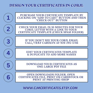 Peut inclure: Un graphique p&eacute;dagogique bleu clair intitul&eacute; DESIGN YOUR CERTIFICATES IN CORJL. Il &eacute;num&egrave;re six &eacute;tapes num&eacute;rot&eacute;es pour l'achat, l'acc&egrave;s par e-mail, l'&eacute;dition et l'impression de mod&egrave;les, incluant le num&eacute;ro 928-295-5746 et l'URL du site.