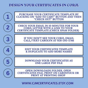 May include: A light blue instructional graphic titled DESIGN YOUR CERTIFICATES IN CORJL. It lists six numbered steps for purchasing, accessing, editing, and printing certificate templates, including contact information and a website URL at the bottom.