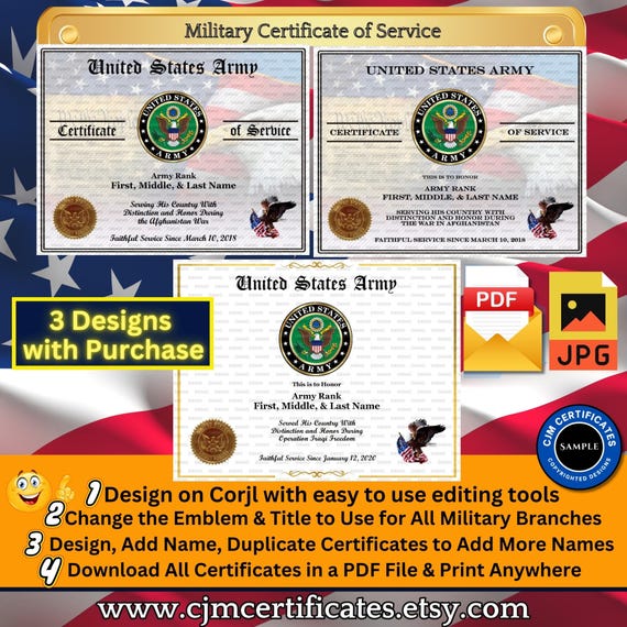 Active Military Certificate of Service Pack of 3 Designs 013-Customize with CORJL-Scripted Names-Unlimited Downloads-Any Service Branch
