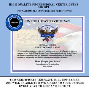 May include: A United States Veteran certificate template featuring a bald eagle emblem, a US flag background, and the text "United States Veteran," "Veteran's Rank," "First & Last Name," and "Thank You for Your Service!" with a blue border.