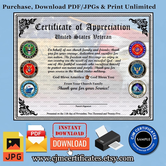All Services Veteran Certificates 5C-Veteran's Day!-Ministry/Church Certificate-Instant Download-Unlimited Prints-JPG and PDF Download