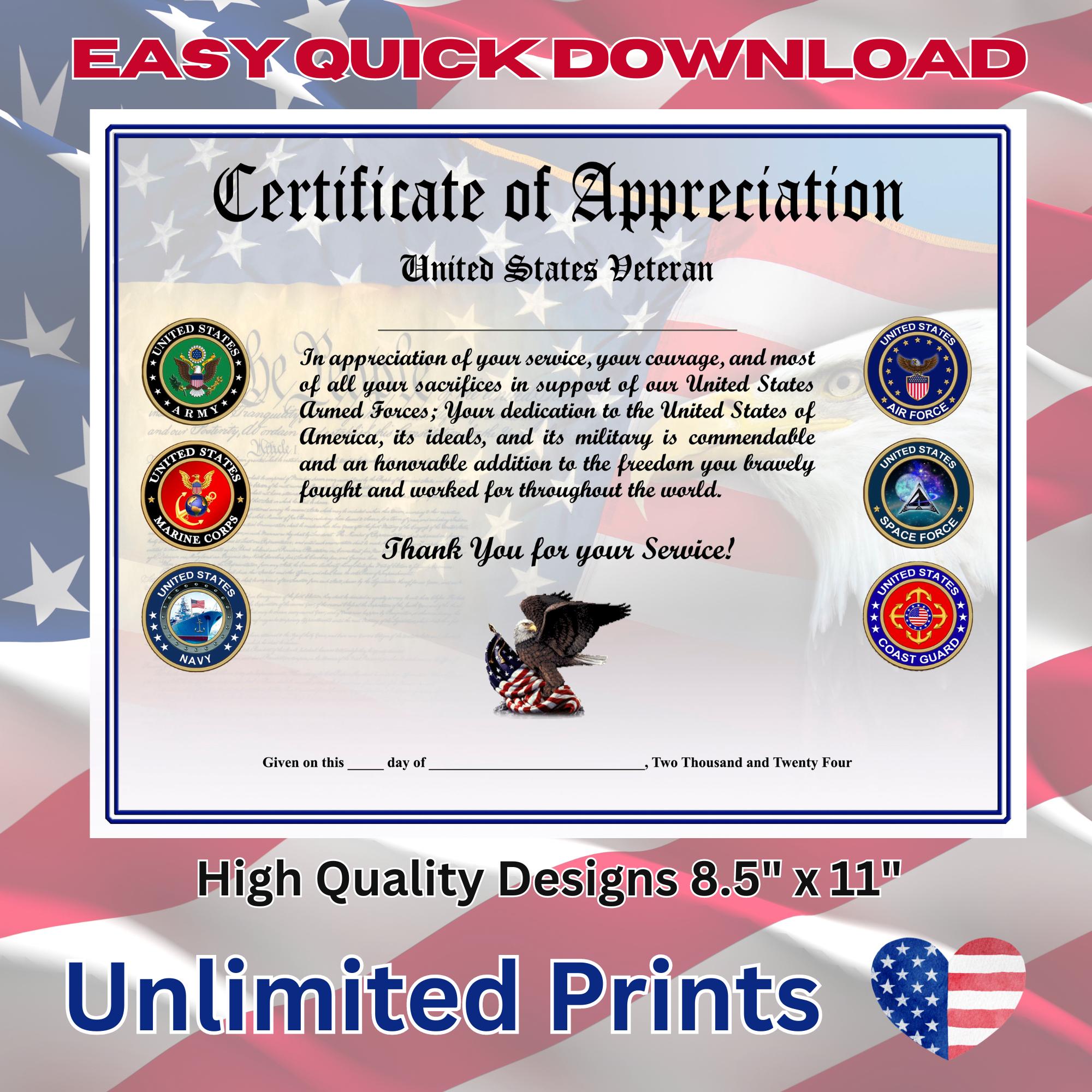 US Veteran Certificate D4 veterans Day veteran Appreciation honoring