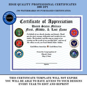 Peut inclure: Un mod&egrave;le de certificat d'appr&eacute;ciation pour l'arm&eacute;e am&eacute;ricaine avec six sceaux de branche, dont l'arm&eacute;e de terre, les marines, la marine, les garde-c&ocirc;tes, l'arm&eacute;e de l'air et la force spatiale. Le document contient du texte de remplacement.