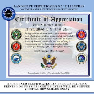 May include: A landscape-oriented 8.5 by 11 inch Certificate of Appreciation for a United States Soldier. The document features a background with a faint American flag and eagle, six military branch seals, and the Great Seal of the United States.