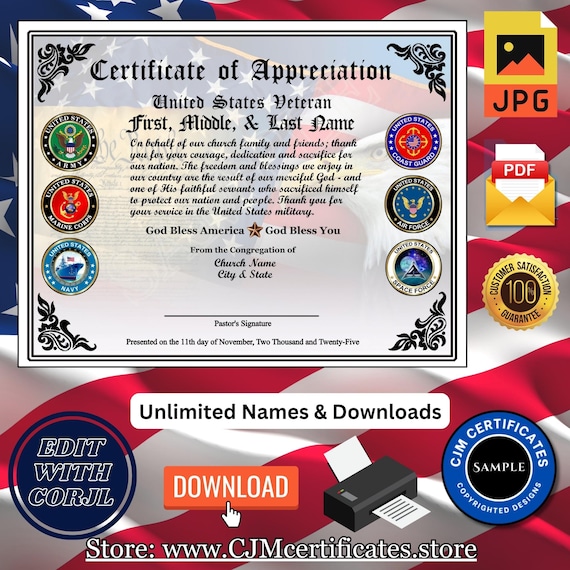 Custom Ministry Veteran Certificates for Veterans Day Gifts, Self-Design Certificates-Unlimited Names (PDF/JPG) 060