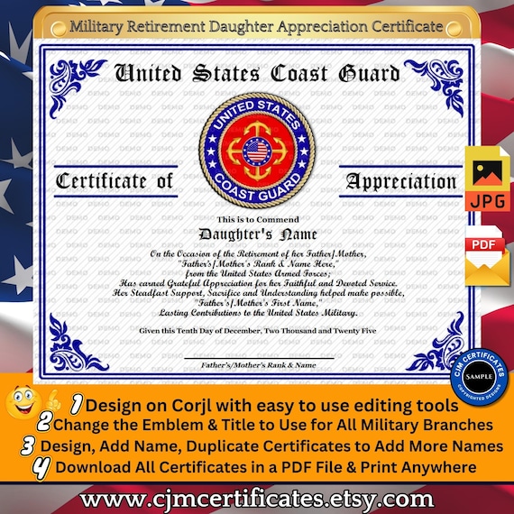 Military Retirement Daughter Appreciation 021-Customize with CORJL-Use for Any Branch-PDF/JPGs