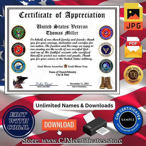 Church Veteran Certificates for Veterans Day Gifts, Self-Design Certificates-Unlimited Names (PDF/JPG) 051