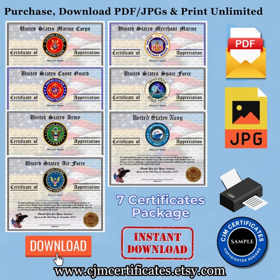 Veteran Appreciation Certificates Pack A4-Veterans Day!-Instant Download-Unlimited Prints-JPG and PDF Downloads-7 Branches