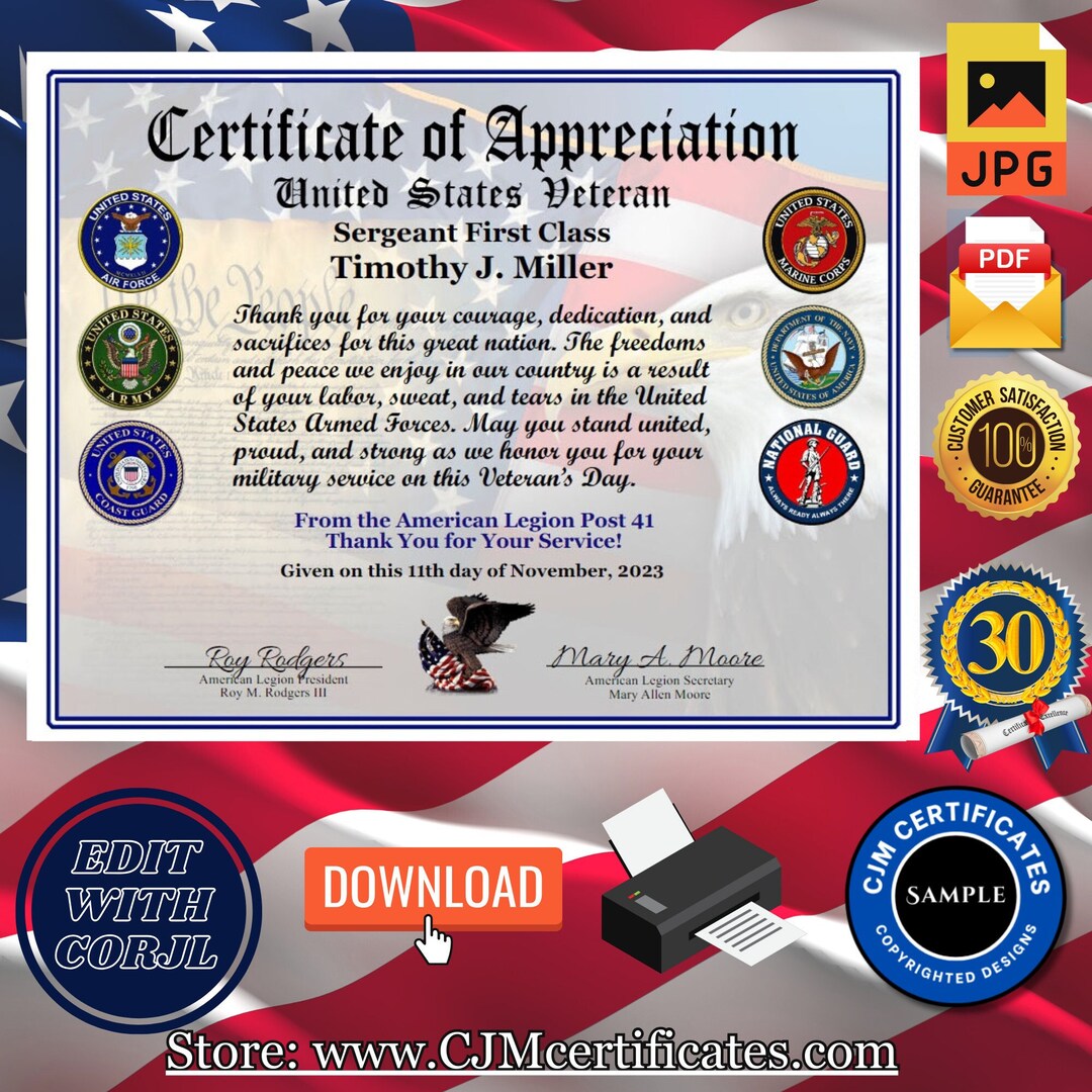 30 All Services Veterans Day Appreciation Certificates Pack D1 - Etsy