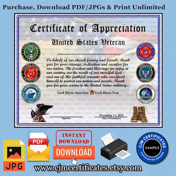 US Veteran Appreciation Certificate 2C-Ministry/Church Certificates-Veterans Day-Instant Download-Unlimited Prints-JPG and PDF Download