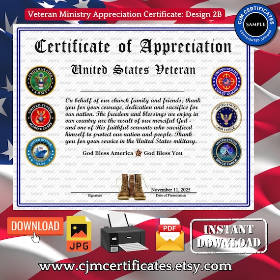 Veteran Ministry/Church Appreciation Certificate 2B-Veterans Day-Instant Download-Unlimited Prints-JPG and PDF Download